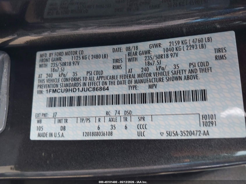 2018 FORD ESCAPE SPORT UTILITY VEHICLE 1.5L I-4 DI, DOHC, VVT, TURBO, 179HP