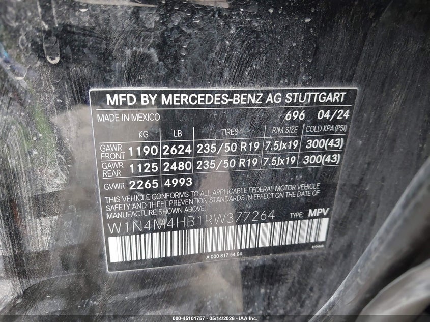 2024 Mercedes-Benz Glb 250 4Matic VIN: W1N4M4HB1RW377264 Lot: 45101757