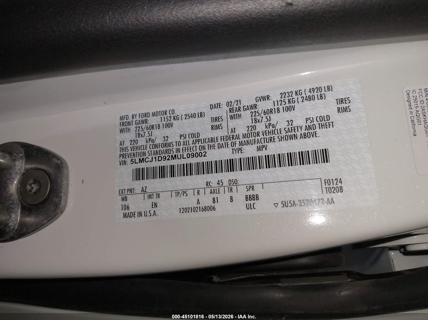 2021 Lincoln Corsair Standard VIN: 5LMCJ1D92MUL09002 Lot: 45101816