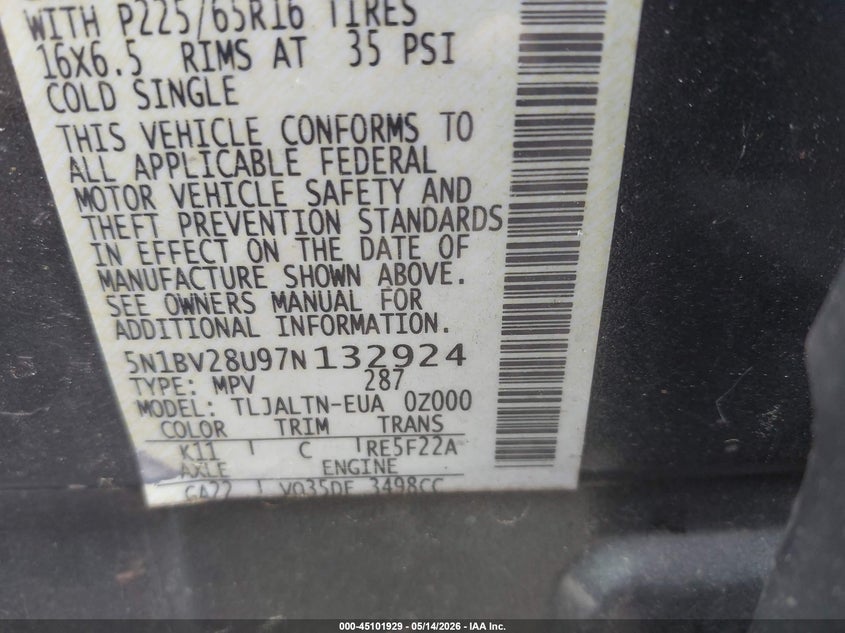 2007 Nissan Quest S/Se/Sl VIN: 5N1BV28U97N132924 Lot: 45101929
