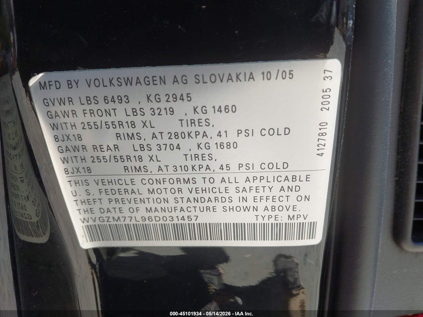 2006 Volkswagen Touareg V8 VIN: WVGZM77L96D031457 Lot: 45101934