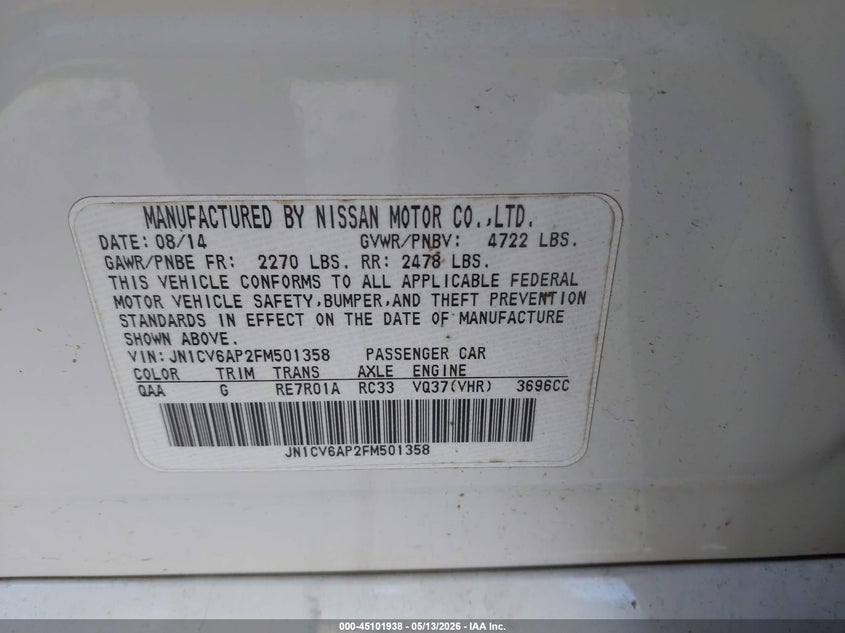 2015 Infiniti Q40 VIN: JN1CV6AP2FM501358 Lot: 45101938