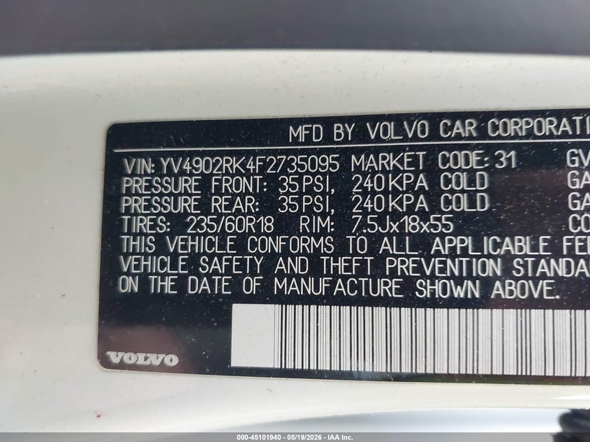 2015 Volvo Xc60 T6 VIN: YV4902RK4F2735095 Lot: 45101940