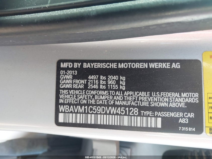2013 BMW X1 Sdrive28I VIN: WBAVM1C59DVW45128 Lot: 45101949