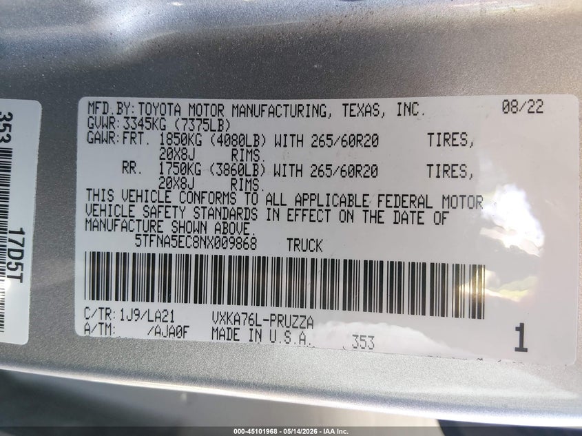 2022 Toyota Tundra Platinum VIN: 5TFNA5EC8NX009868 Lot: 45101968