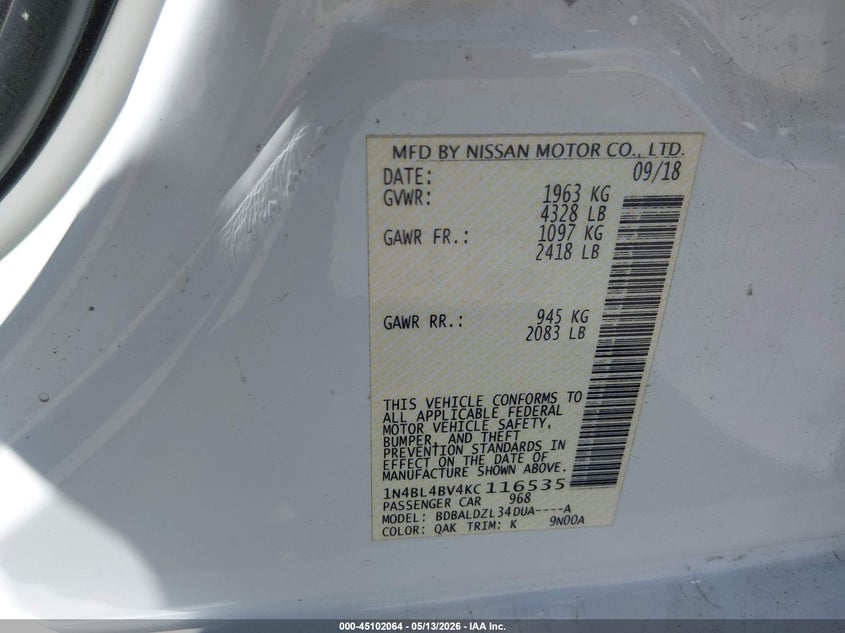 VIN 1N4BL4BV4KC116535 2019 NISSAN ALTIMA 2.5 S