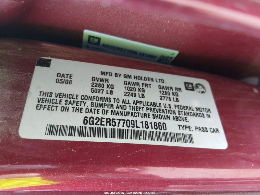 2009 Pontiac G8 VIN: 6G2ER57709L181860 Lot: 45102066