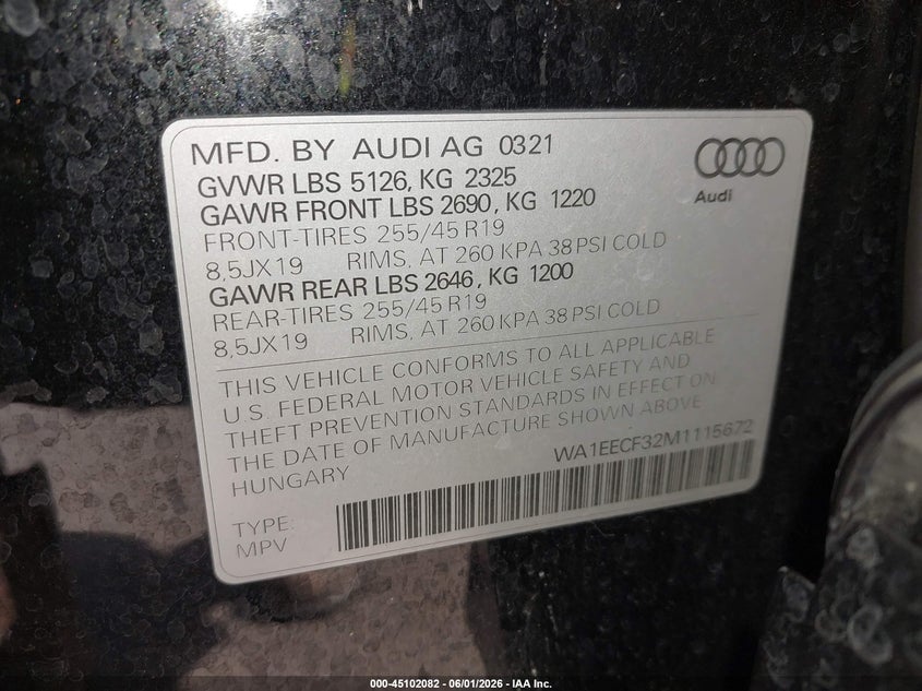 2021 Audi Q3 Premium Plus 45 Tfsi S Line Quattro Tiptronic VIN: WA1EECF32M1115672 Lot: 45102082