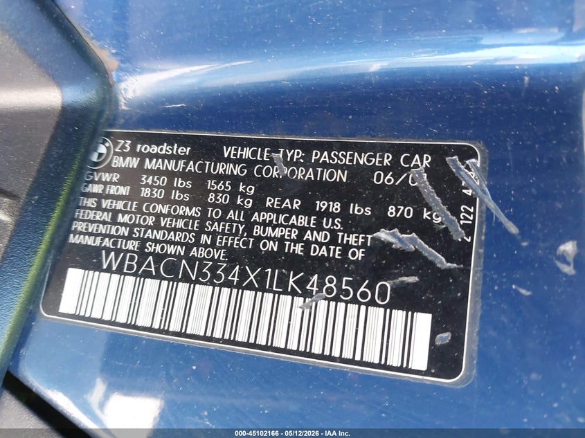 2001 BMW Z3 2.5I VIN: WBACN334X1LK48560 Lot: 45102166