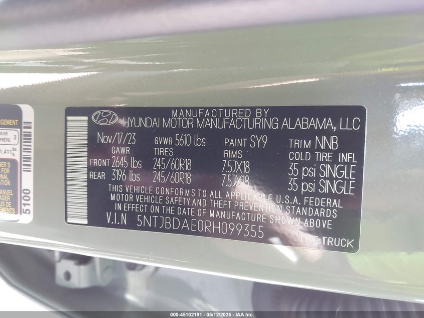 2024 Hyundai Santa Cruz Sel VIN: 5NTJBDAE0RH099355 Lot: 45102191