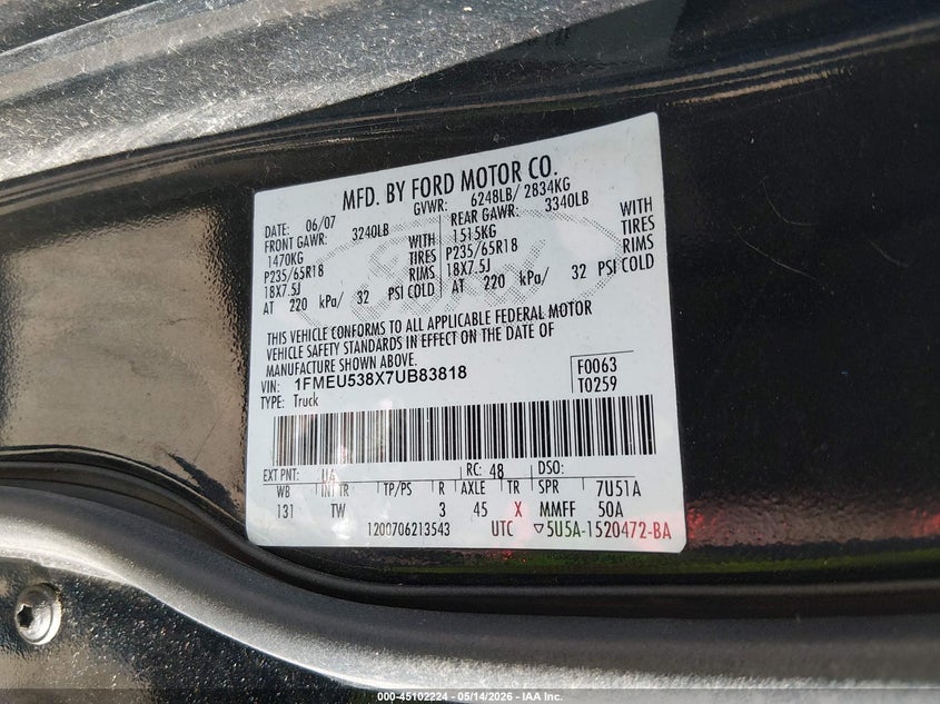2007 Ford Explorer Sport Trac Limited VIN: 1FMEU538X7UB83818 Lot: 45102224