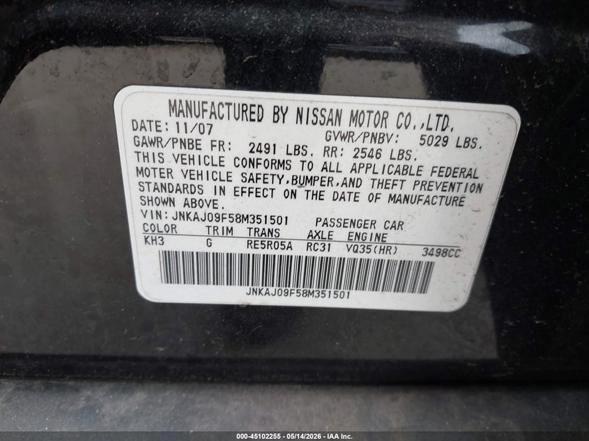 2008 Infiniti Ex35 Journey VIN: JNKAJ09F58M351501 Lot: 45102255