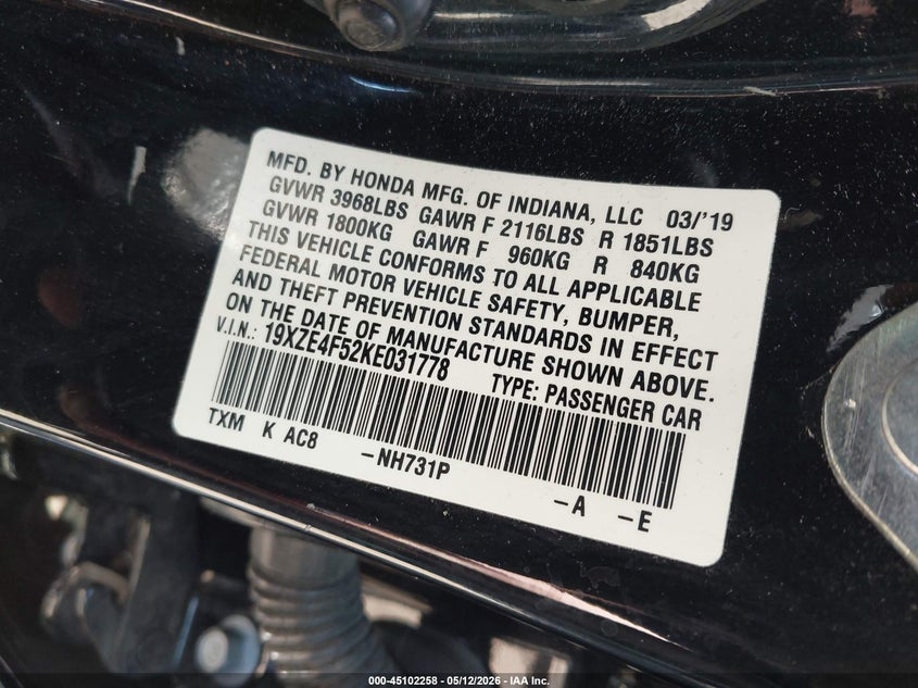2019 Honda Insight Ex VIN: 19XZE4F52KE031778 Lot: 45102258