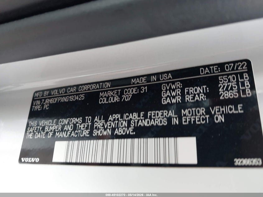 2022 Volvo S60 Recharge Plug-In Hybrid T8 Polestar Engineered Extended Range VIN: 7JRH60FPXNG193425 Lot: 45102270