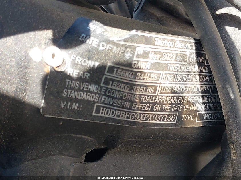 VIN H0DPBFG9XPX037136 2023 TAIZHOU ZH ZN150T