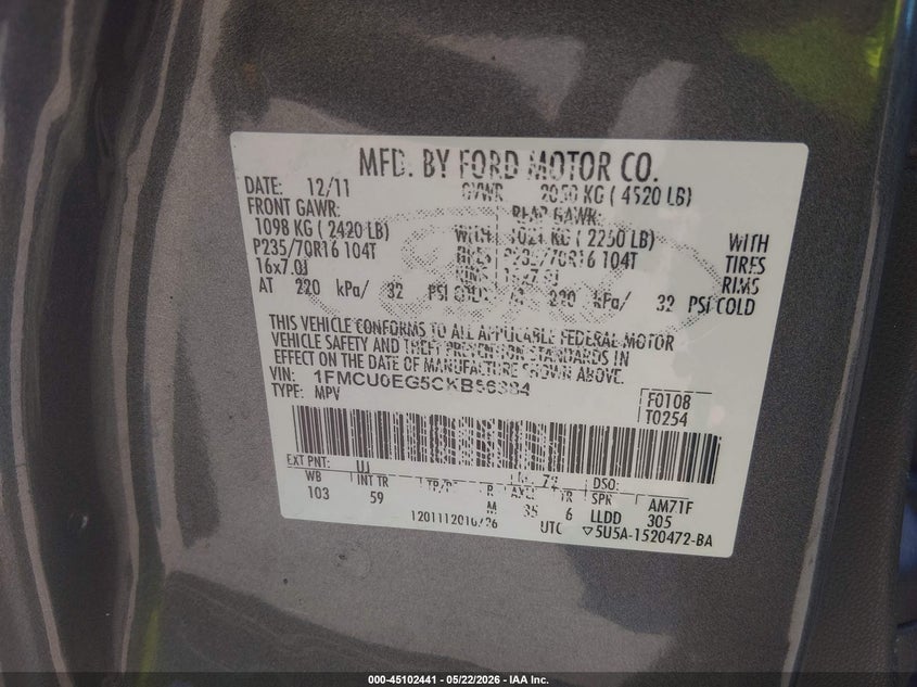 2012 Ford Escape 3.0 Limited grey Lot 111045102441 Vin 1FMCU0EG5CKB56384