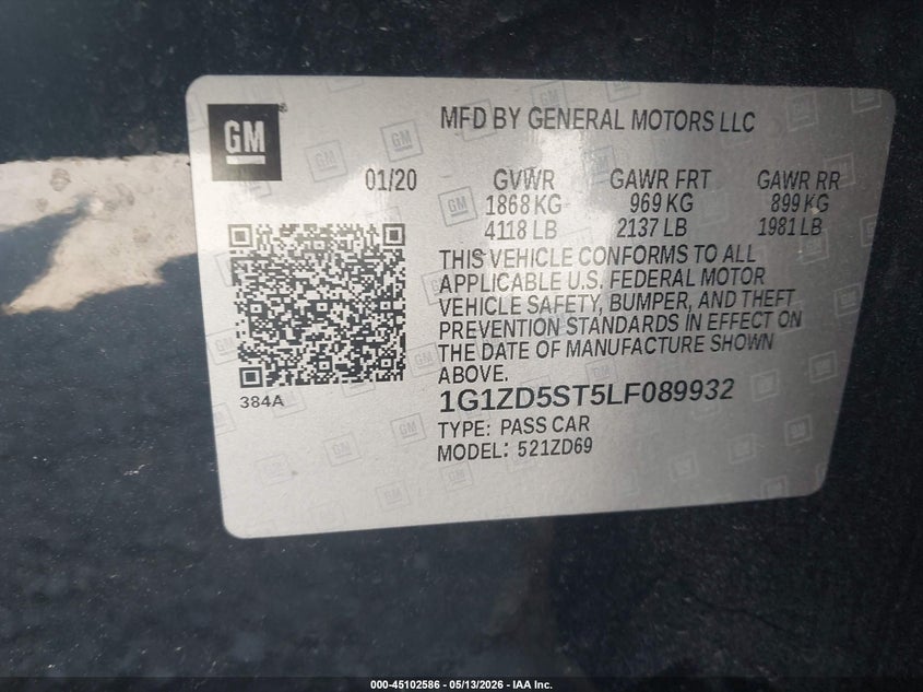 VIN 1G1ZD5ST5LF089932 2020 CHEVROLET MALIBU FWD LT