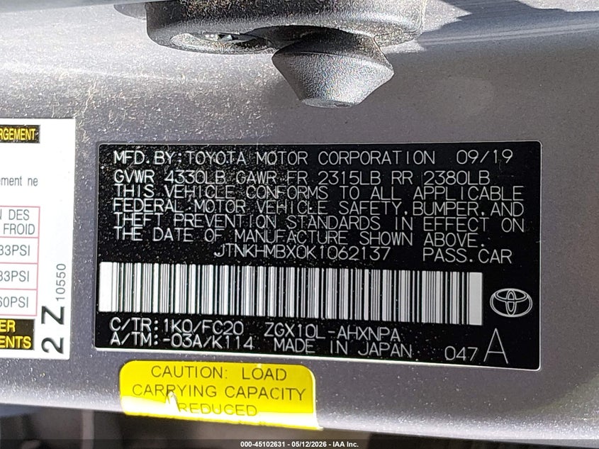 2019 Toyota C-Hr Le VIN: JTNKHMBX0K1062137 Lot: 45102631