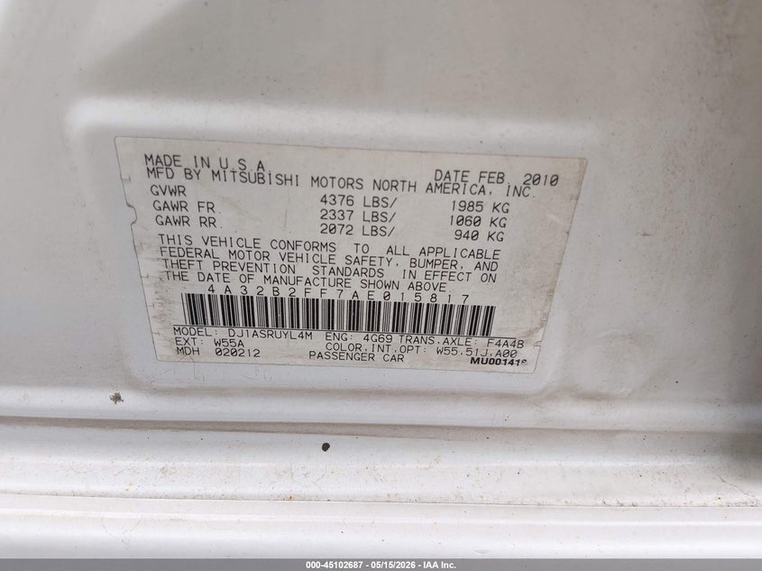 2010 Mitsubishi Galant Fe VIN: 4A32B2FF7AE015817 Lot: 45102687