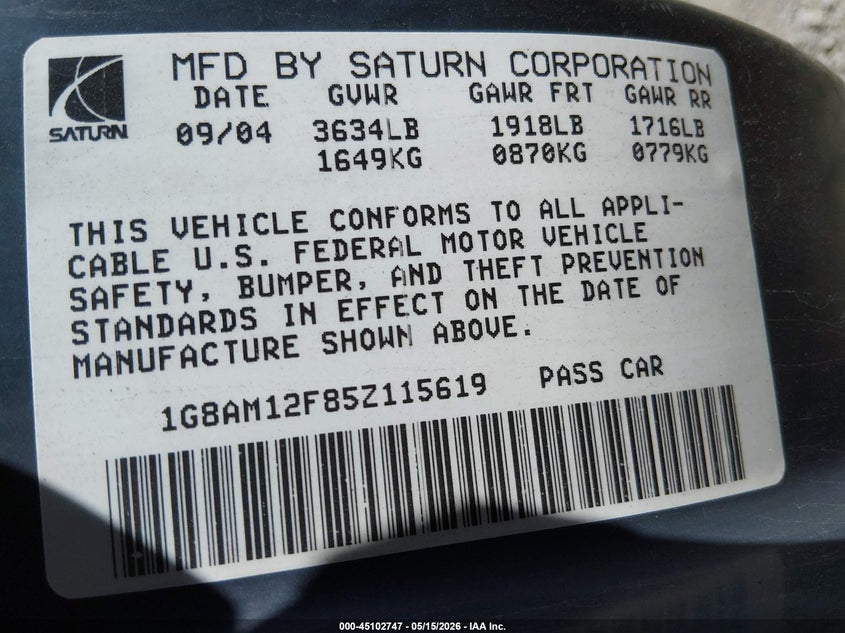 2005 Saturn Ion VIN: 1GHAM12F85Z115619 Lot: 45102747