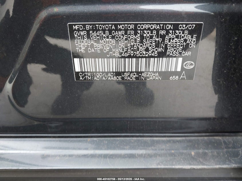 2007 Lexus Ls 460 VIN: JTHBL46F975032945 Lot: 45102756
