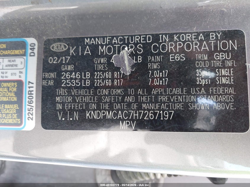 VIN KNDPMCAC7H7267197 2017 KIA SPORTAGE LX