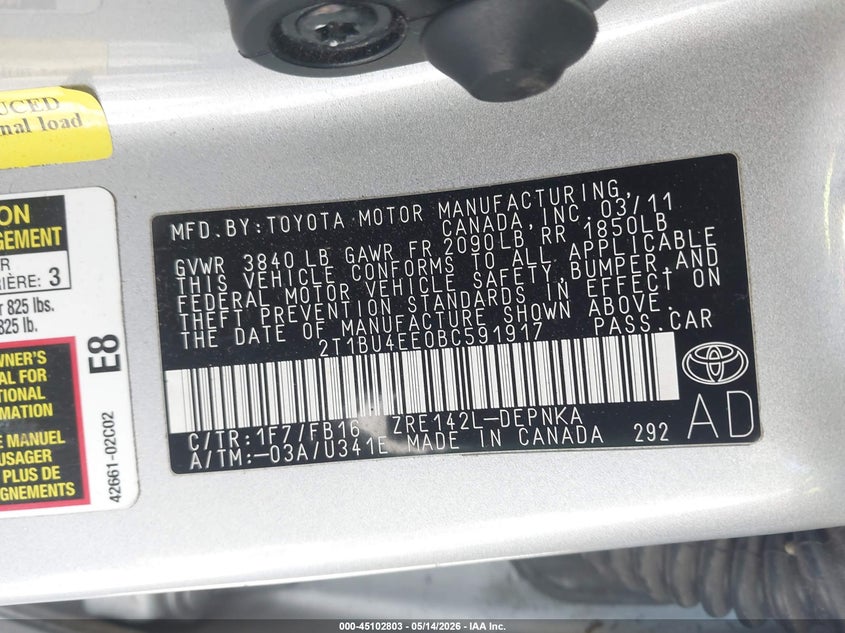 2011 TOYOTA COROLLA SEDAN 1.8L I-4 DOHC, VVT, 132HP