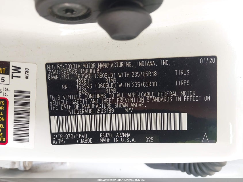 VIN 5TDGZRAH8LS503189 2020 TOYOTA HIGHLANDER XLE