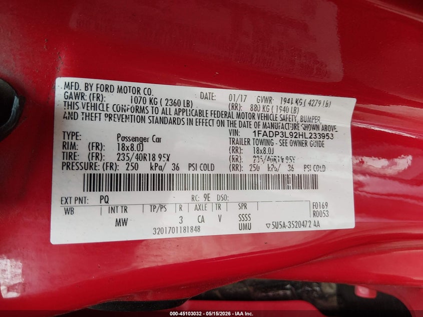 2017 Ford Focus St VIN: 1FADP3L92HL233953 Lot: 45103032