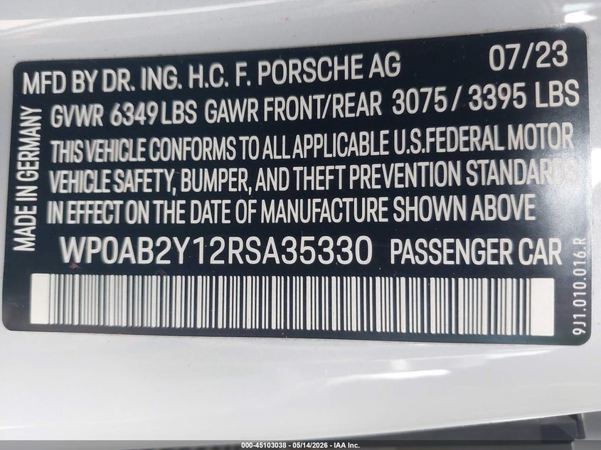 2024 Porsche Taycan 4S VIN: WP0AB2Y12RSA35330 Lot: 45103038