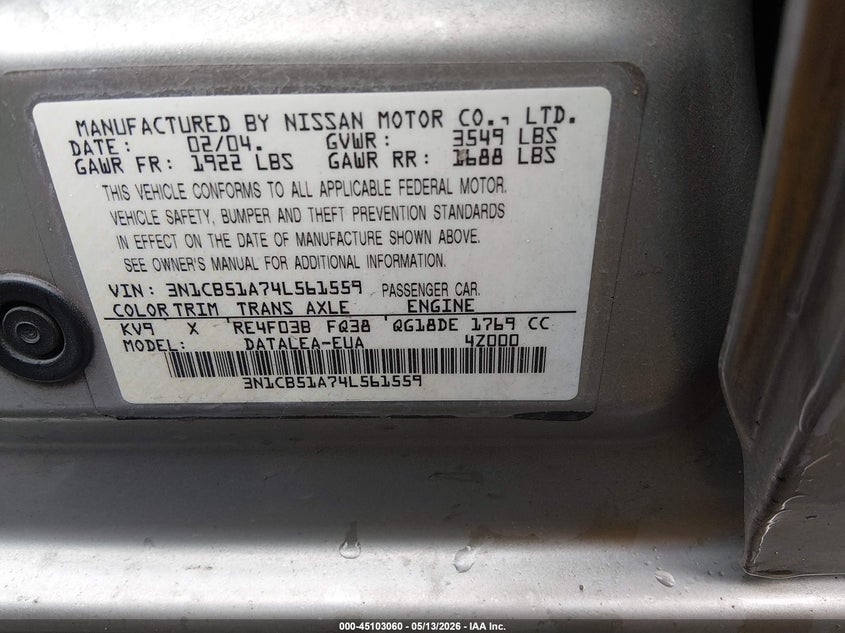 2004 Nissan Sentra 1.8S VIN: 3N1CB51A74L561559 Lot: 45103060
