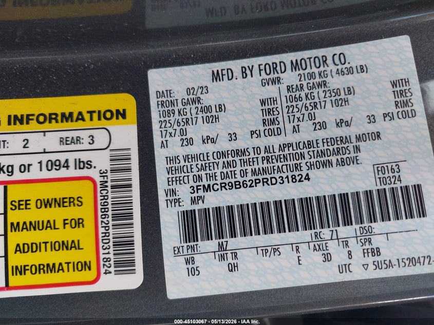 2023 Ford Bronco Sport Big Bend VIN: 3FMCR9B62PRD31824 Lot: 45103067