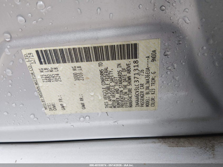 VIN 1N4AA6CV3LC371318 2020 NISSAN MAXIMA SV XTRONIC CVT