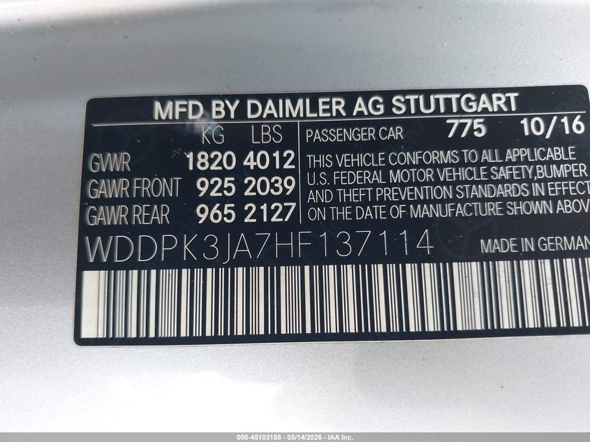 2017 Mercedes-Benz Slc 300 VIN: WDDPK3JA7HF137114 Lot: 45103158