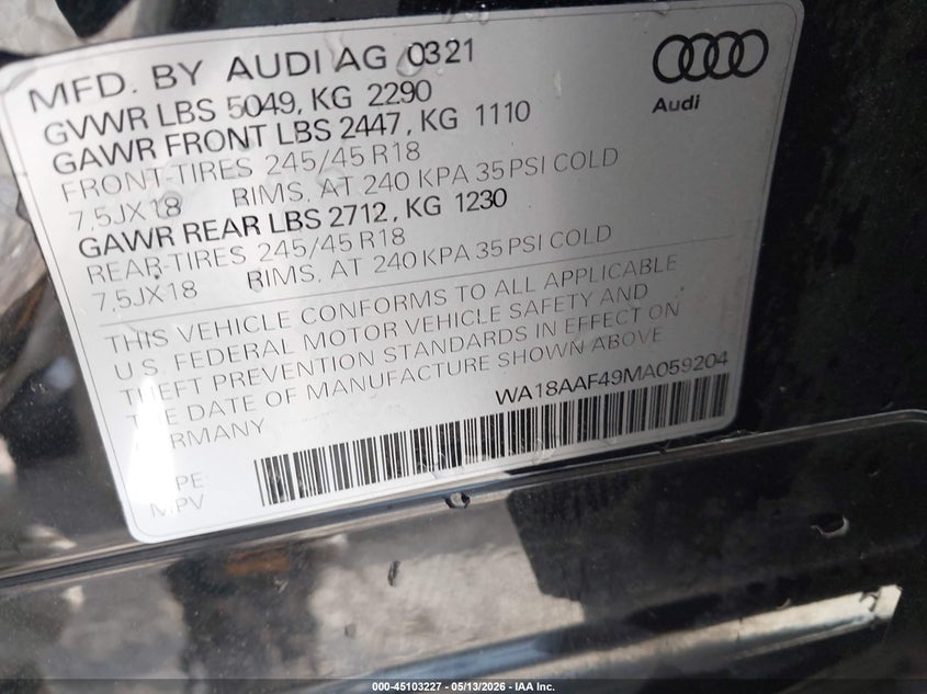 2021 Audi A4 Allroad Premium Plus 45 Tfsi Quattro S Tronic VIN: WA18AAF49MA059204 Lot: 45103227