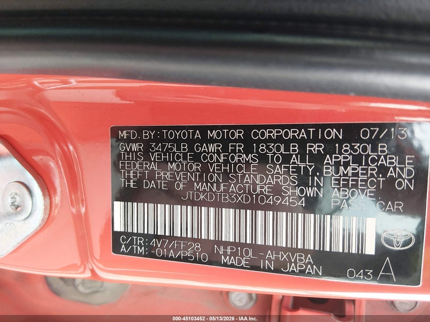 2013 Toyota Prius C Two VIN: JTDKDTB3XD1049454 Lot: 45103452
