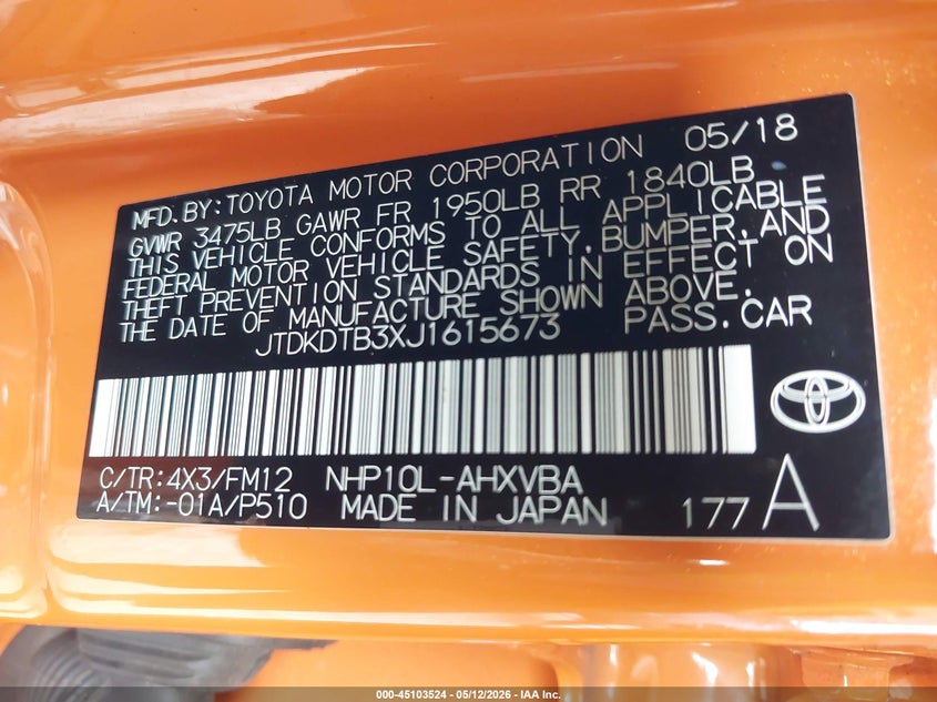 2018 Toyota Prius C Two VIN: JTDKDTB3XJ1615673 Lot: 45103524