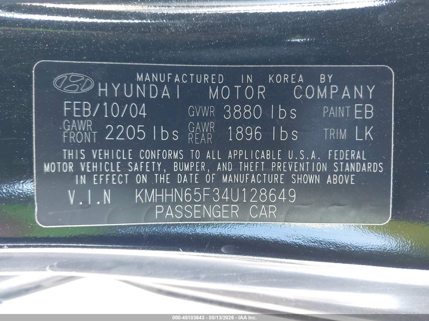 2004 Hyundai Tiburon Gt V6/Gt V6 Special Edition VIN: KMHHN65F34U128649 Lot: 45103643