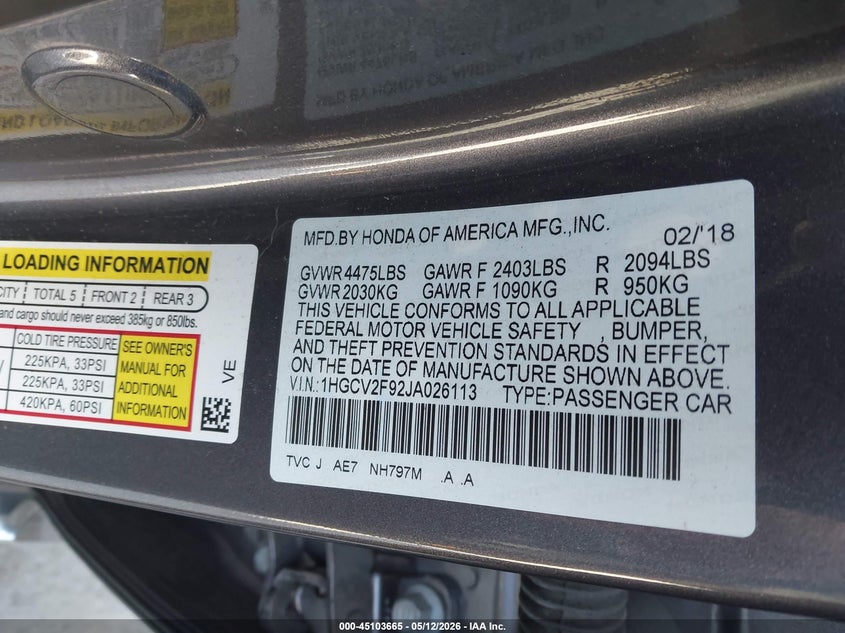 VIN 1HGCV2F92JA026113 2018 HONDA ACCORD TOURING 2.0T