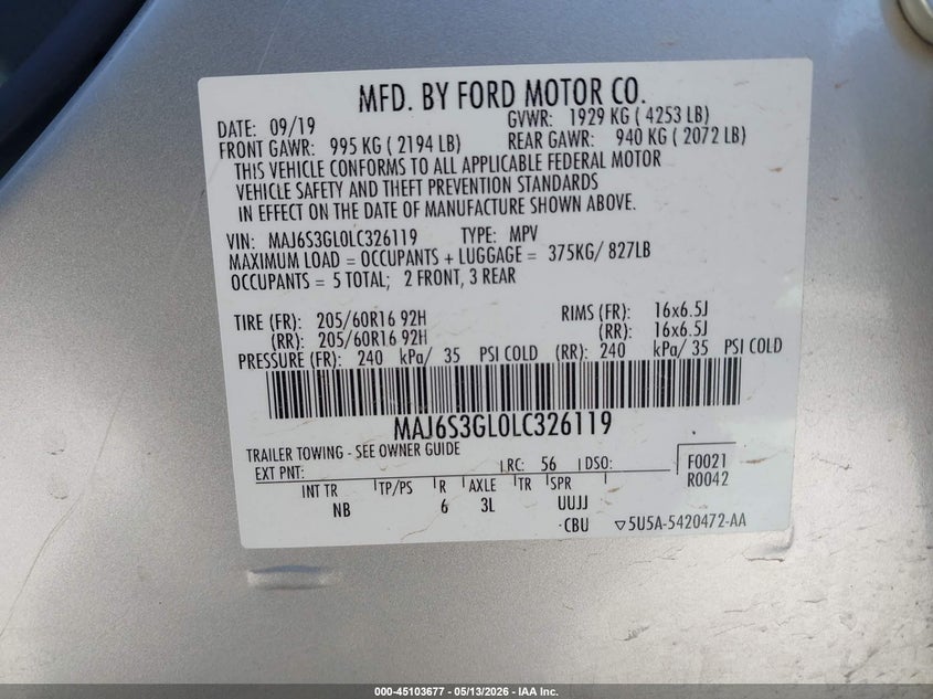 2020 Ford Ecosport Se VIN: MAJ6S3GL0LC326119 Lot: 45103677