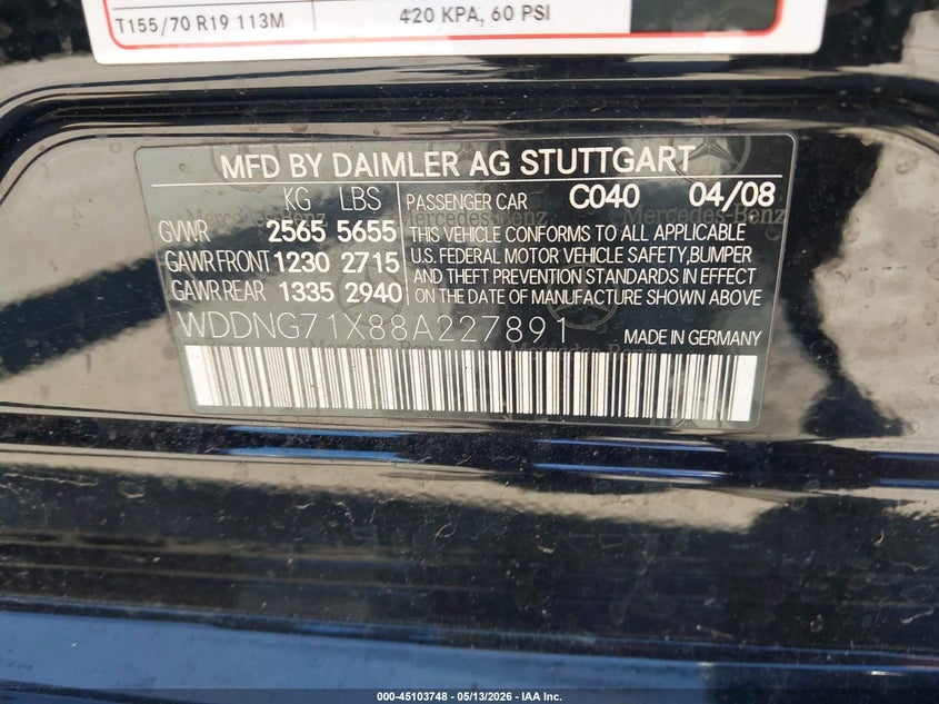 2008 Mercedes-Benz S 550 VIN: WDDNG71X88A227891 Lot: 45103748