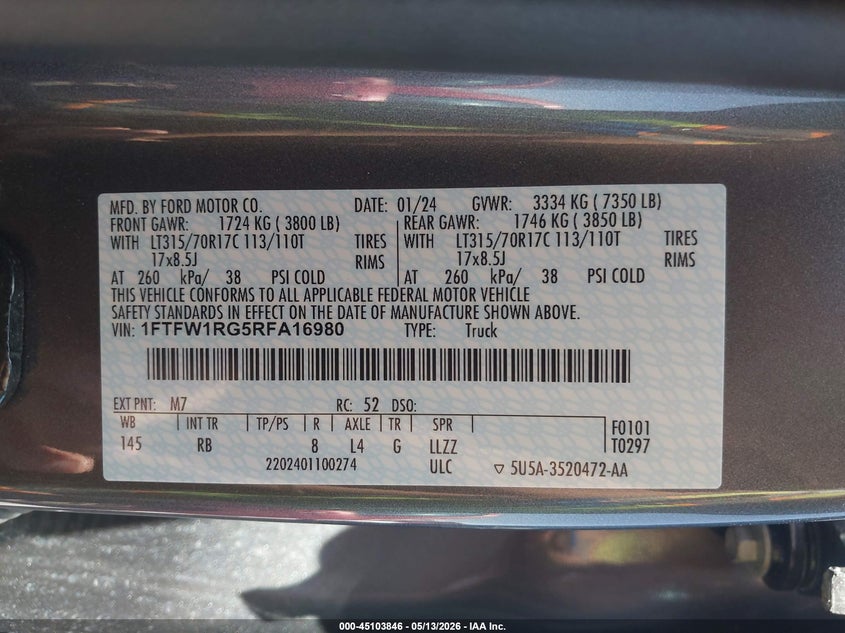 VIN 1FTFW1RG5RFA16980 2024 FORD F-150 RAPTOR