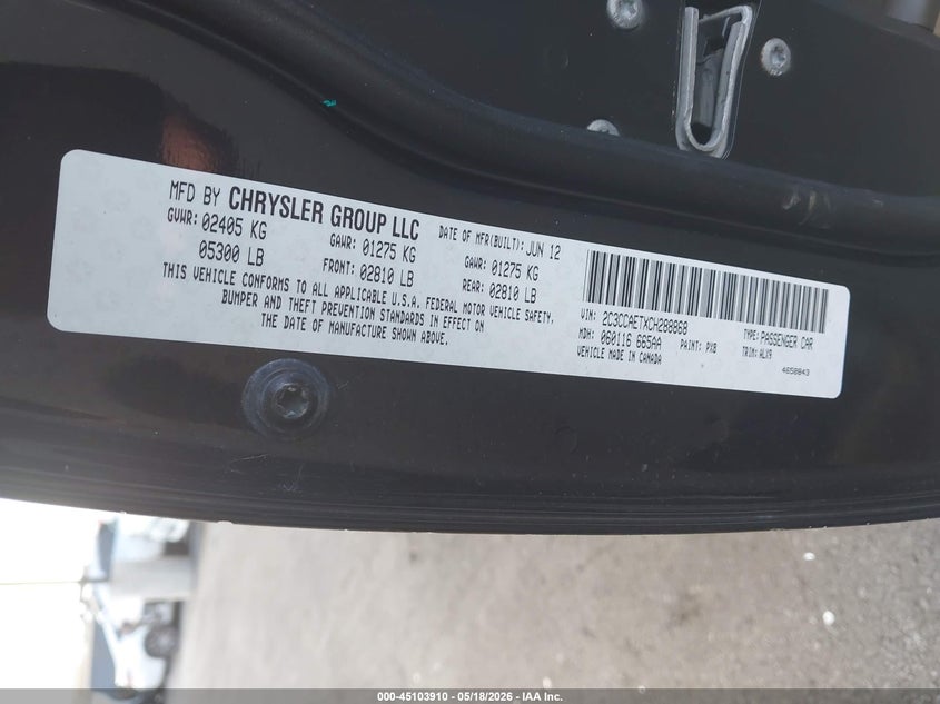 2012 Chrysler 300C VIN: 2C3CCAETXCH288868 Lot: 45103910