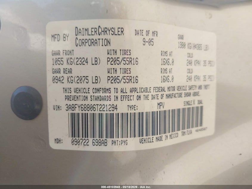 2006 Chrysler Pt Cruiser Limited VIN: 3A8FY68806T221294 Lot: 45103948