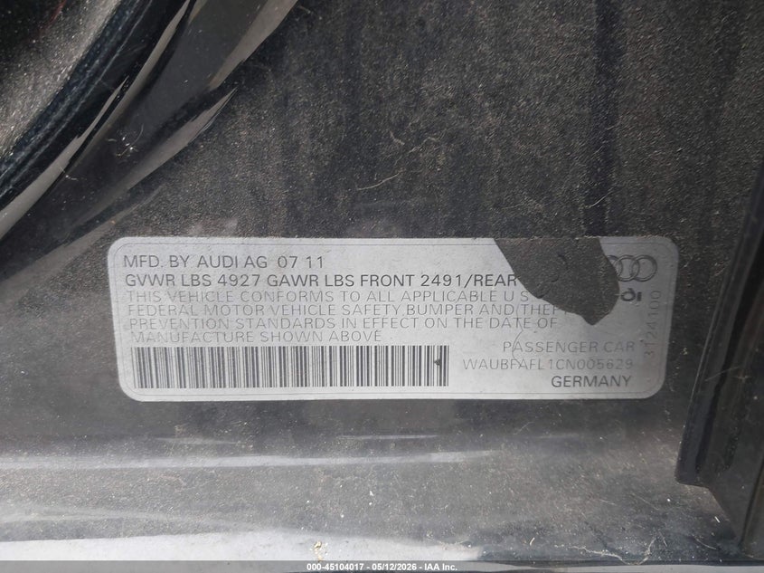 2012 Audi A4 2.0 2.0t Premium Black Lot 111045104017 Vin WAUBFAFL1CN005629
