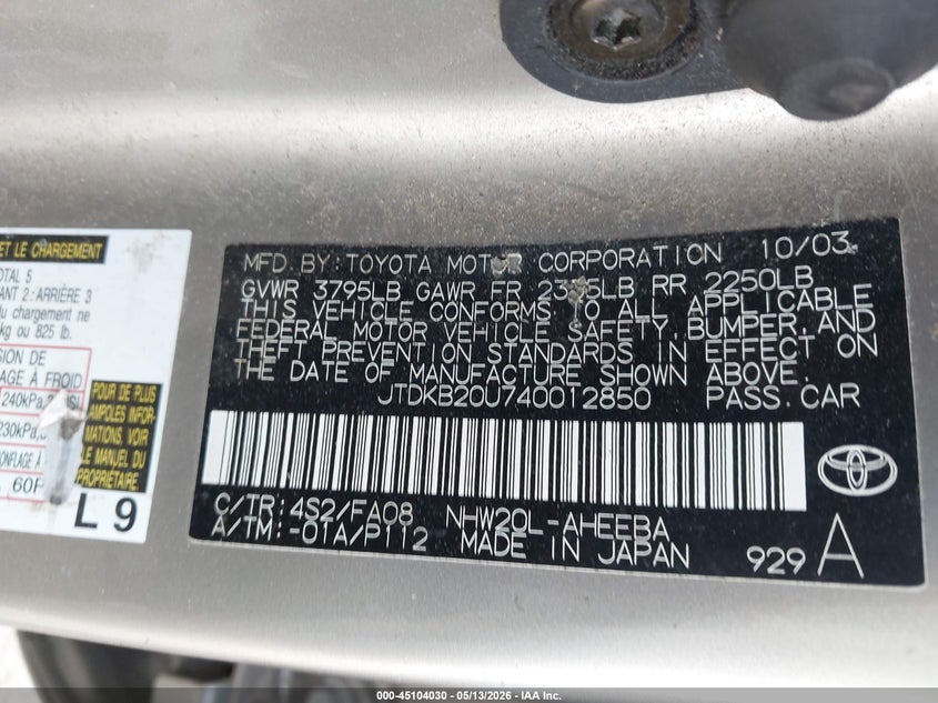 TOYOTA PRIUS 2004 VIN JTDKB20U740012850