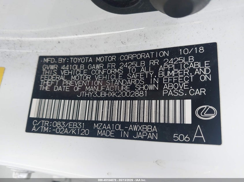 2019 Lexus Ux 200 F Sport VIN: JTHY3JBHXK2002881 Lot: 45104078