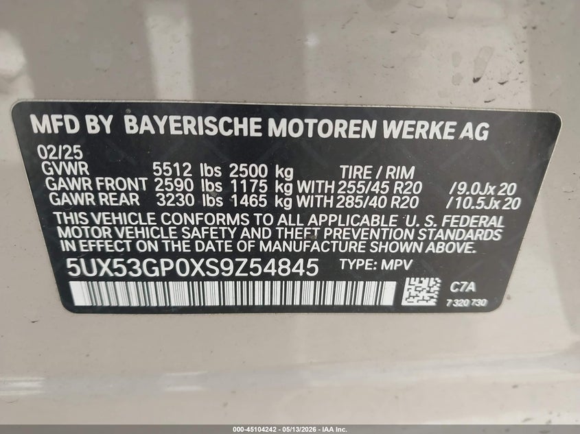 BMW X3 2025 VIN 5UX53GP0XS9Z54845