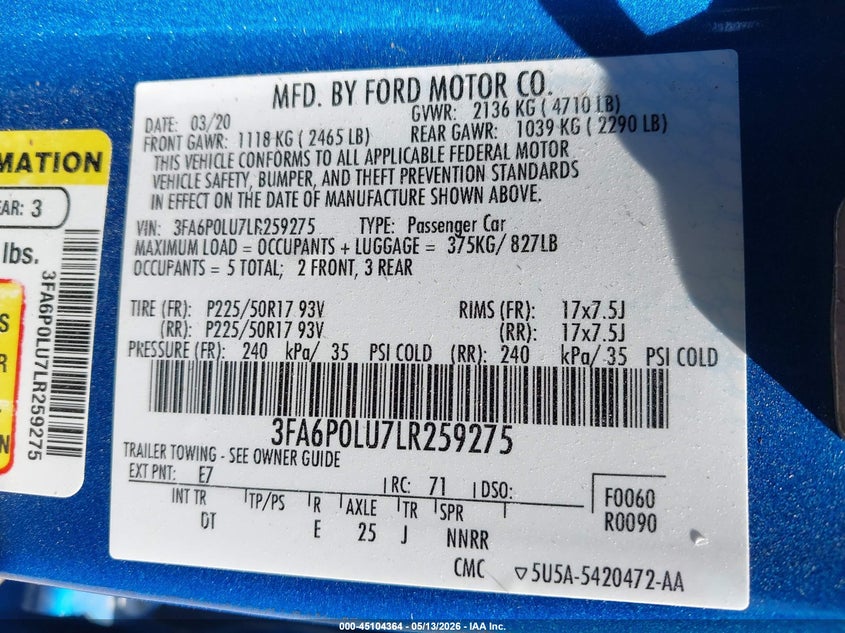 VIN 3FA6P0LU7LR259275 2020 FORD FUSION HYBRID SE