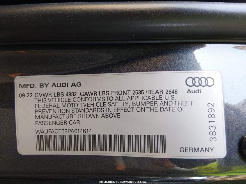2023 Audi A5 Sportback Premium Plus 45 Tfsi S Line Quattro S Tronic VIN: WAUFACF58PA014614 Lot: 45104377